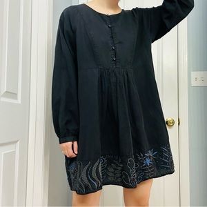 Gudrun Sjoden Dress Mini Long Sleeve Black Embroidered Floral Lagenlook Large